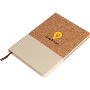 A natural cork and cotton A5 notebook in beige and light brown, featuring a logo on the cover.
