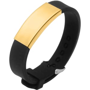 A black bracelet with a shiny gold centrepiece and a clasp, featuring a logo on the strap.