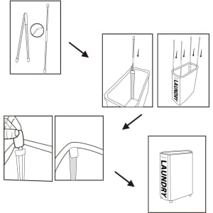 A laundry basket with wheels, featuring a simple design in white with a black branding logo. Instructions for assembly included.