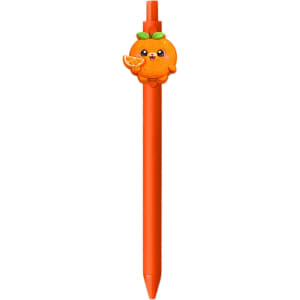 An orange pen with a cute orange character holding a slice, featuring a glossy finish and bright colour.