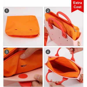 An orange tote bag with pink handles and interior compartments, featuring holes for ventilation. It has a logo.