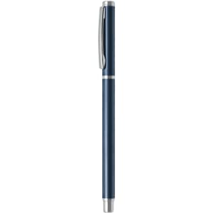 A sleek blue aluminium gel pen with a silver clip and accents, featuring a branding logo.