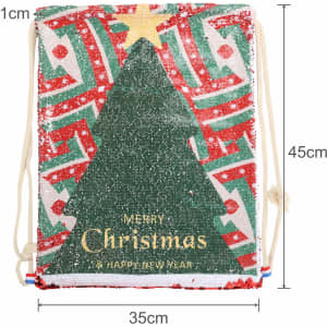 A Sequin Magic Drawstring Bag featuring a Christmas tree design in red, green, and white with a decorative star.
