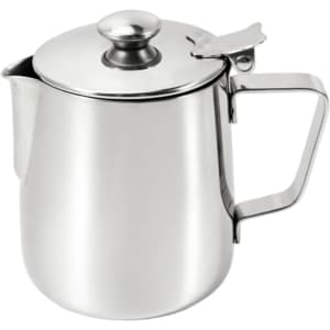 A stainless steel milk frothing pitcher with lid, featuring a sleek, shiny finish and an ergonomic handle.