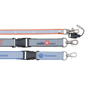Three safety lanyards in blue and grey, featuring clips and branding on the straps.