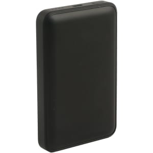 A black 10000mAh magnetic power bank with a sleek design and a logo on its surface.