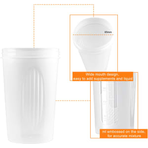 A drink bottle in clear plastic with a wide mouth design and measurement markings on the side.