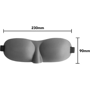 A grey cushioned eye mask with a central nose bridge, measuring 230mm by 90mm, featuring an adjustable strap.