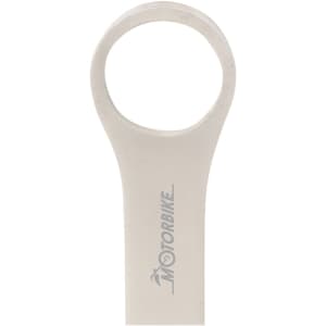 A silver USB flash drive with a ring for attaching to keychains or lanyards. Features a logo on the surface.