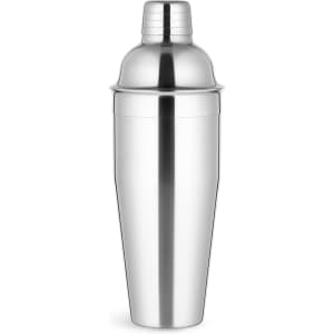 A stainless steel cocktail shaker with a sleek, reflective finish and a secure lid.