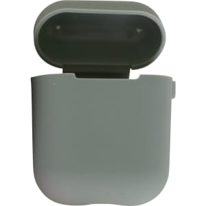 A grey silicone case designed for AirPods, featuring a fitted opening and smooth finish.