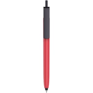 A push button pen featuring a bright red barrel and a black cap, complete with a logo on the cap.