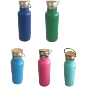 A drink bottle collection featuring five colours: blue, green, light blue, pink, and teal, with bamboo lids and metal accents.