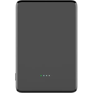 A black 5000mAh magnetic wireless power bank with indicator lights and a sleek rectangular design.