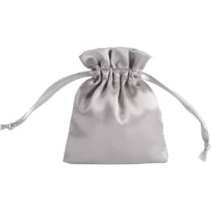 A silver satin drawstring bag with a gathered top and two drawstrings. It has a simple design and a smooth texture.
