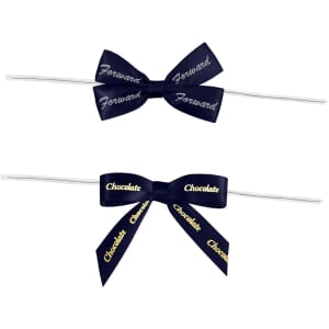 Two navy blue ribbon bows on white twist ties, one featuring the word "Forward" and the other "Chocolate".