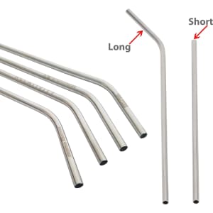 A set of stainless steel drinking straws in varying lengths, including straight and curved designs, with a logo present.