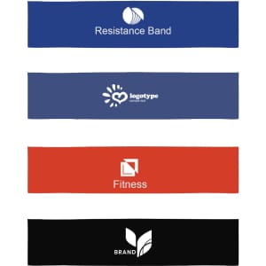 A set of four latex fitness resistance bands in blue, red, and black, featuring various logos and branding.