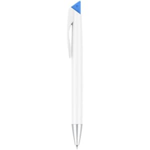A white pen with a blue top and a silver nib, featuring a logo on its side.