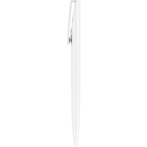 A plastic pen with a creamy white barrel and a silver clip, featuring a logo on its surface.
