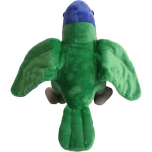A green and blue lorikeet plush toy with detailed wings and body, featuring a soft texture and rounded shape.