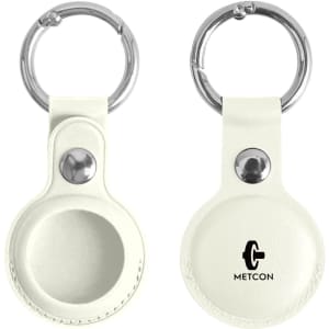 A white PU leather AirTag holder with a keyring and a logo, displayed from two angles.