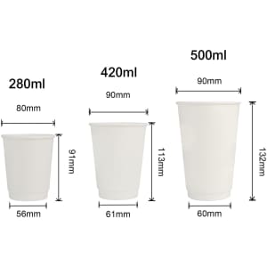 Custom disposable double wall paper cups in three sizes: 280ml, 420ml, and 500ml, all in a plain white finish.