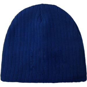 A navy blue cable knit beanie with a ribbed texture and no visible branding.