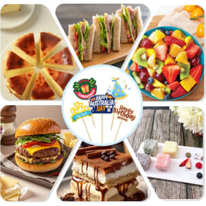 A collection of food items including sandwiches, fruit salad, cake, burger, and sweets, alongside custom sticker toothpicks.