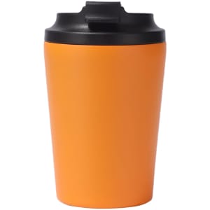 An orange powder-coated stainless steel coffee mug with a black lid and a sleek design.