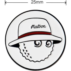 A 25mm golf ball marker featuring a whimsical design with a hat and golf ball face, in white and black with red accents.