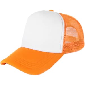 A trucker cap featuring a white front panel and orange mesh sides and brim, with a logo on the front.