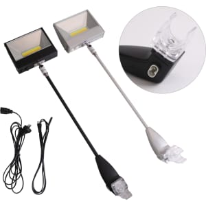 Two portable exhibit display lights in black and silver, featuring adjustable arms and connected cables for illumination.