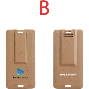 A wheat straw credit card flash drive in a light brown colour, featuring a logo on one side.
