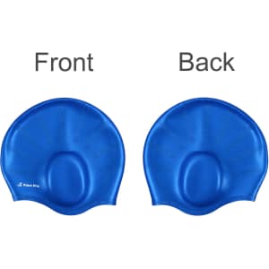A blue swimming cap with earmuffs, displayed from the front and back, featuring a logo.