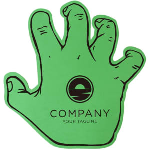 A green foam mitt shaped like a hand, featuring a logo in the centre.