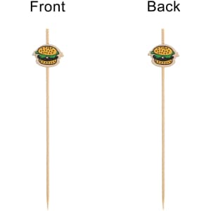Bamboo cocktail skewers in natural colour, featuring a burger design on the top. Pack of 100 with logos.
