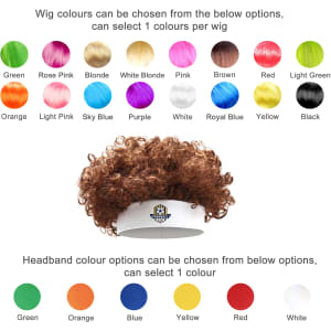 A curly wig in a reddish-brown shade with a white headband. Multiple colour options for the wig and band are shown.