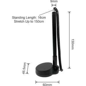 A black counter fixed signature pen with a coil cord, standing 16 cm tall, and adjustable up to 150 cm.