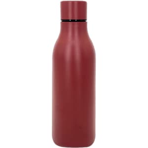 A drink bottle in a matte burgundy finish, featuring a sleek design and a screw-top lid. It has a logo on the side.