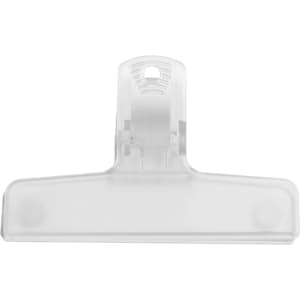 A translucent plastic magnetic clip in a clear finish with a sturdy grip. Features a hanging hole and a logo.