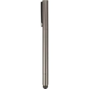 A silver, sleek 2 in 1 pencil with a clip and a logo. It features a simple, minimalist design.