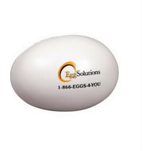 A white egg-shaped stress reliever with a logo printed on one side.