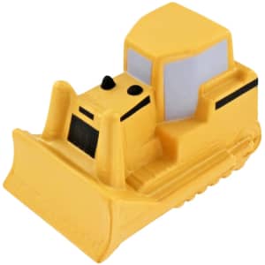 A yellow bulldozer-shaped stress reliever with detailed features, including a black grille and windows.