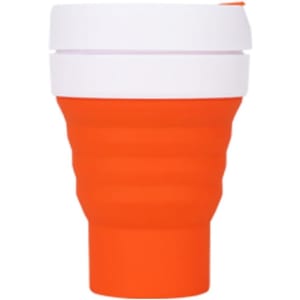 A reusable coffee cup in orange and white with a collapsible design and a small logo.