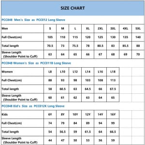 A size chart detailing measurements for men's, women's, and kids' long sleeve polos, including chest and sleeve lengths.