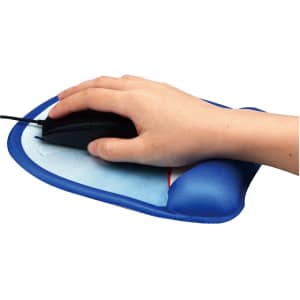 A blue mouse mat with a gel wrist support, featuring a hand using a black computer mouse.