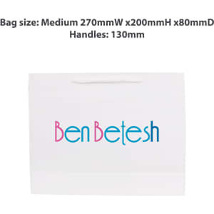A medium white paper bag with fabric flat handles, featuring a colourful logo. Dimensions are 270mm wide, 200mm high, and 80mm deep.