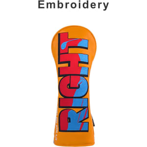 An orange custom golf head cover featuring bold multicoloured embroidery. It has a logo on the side.