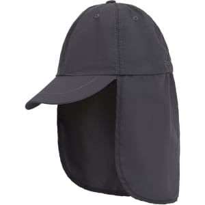 A baseball cap in dark grey featuring a neck flap and a logo on the side.